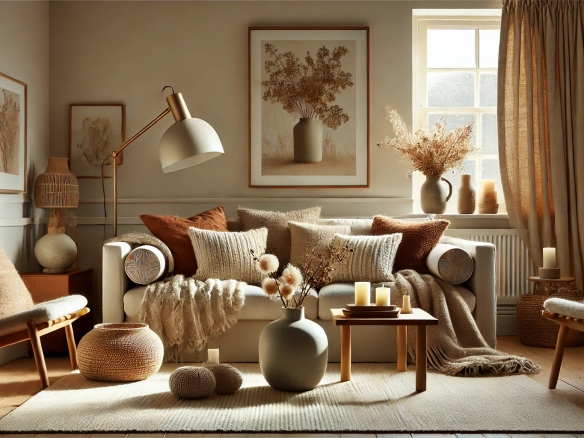 Salón moderno con decoración otoñal - Tu inmobiliaria de confianza en Barcelona Salón moderno con decoración otoñal