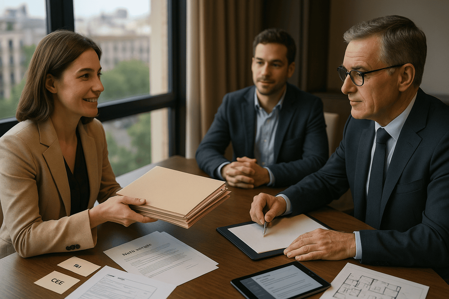 imagen de una vendedora presentando toda la documentación al notario