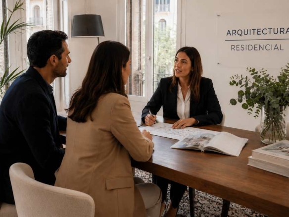 Three professionals sit at a wooden table in a bright office, discussing architectural plans with notebooks and a magazine open on the table, sign reading ARQUITECTURA RESIDENCIAL in the background.