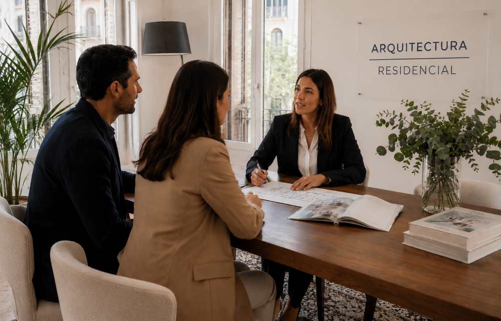 Three professionals sit at a wooden table in a bright office, discussing architectural plans with notebooks and a magazine open on the table, sign reading ARQUITECTURA RESIDENCIAL in the background.