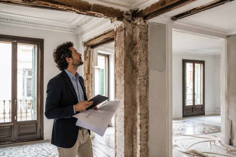 Man in a blazer reviews blueprints and a tablet inside a partially renovated room with exposed brick columns.