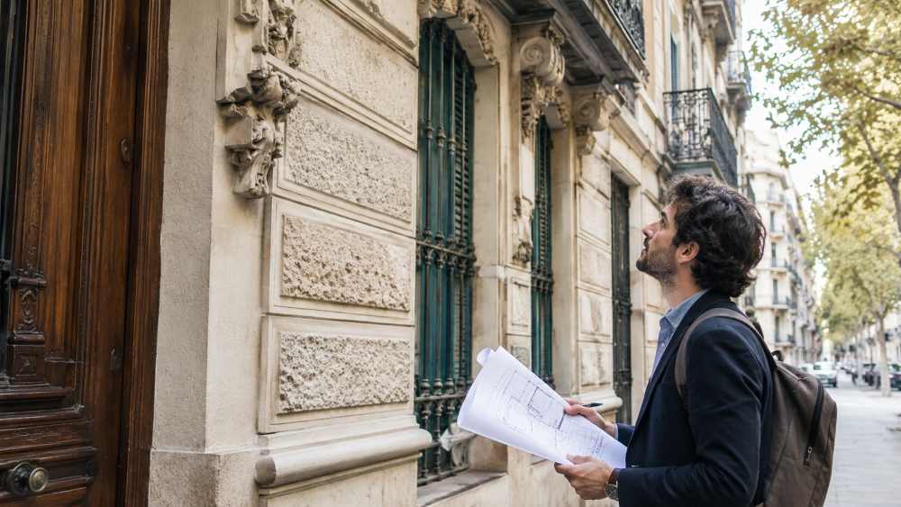 A man in a dark blazer with a backpack reads architectural blueprints outside a historic stone building on a city street.