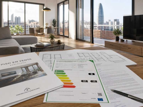 Modern living room with large windows overlooking a city skyline; on a table are real estate documents labeled 'Piso en venta Barcelona' and an energy efficiency chart indicating a low-to-high scale, plus a pencil and floor plans.