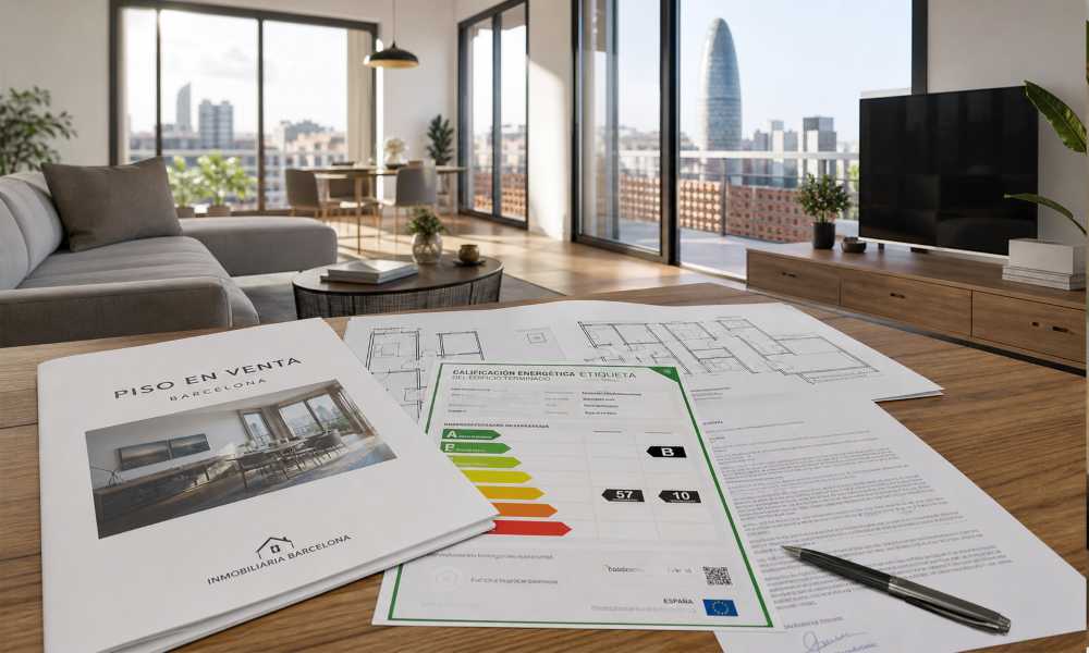 Modern living room with large windows overlooking a city skyline; on a table are real estate documents labeled 'Piso en venta Barcelona' and an energy efficiency chart indicating a low-to-high scale, plus a pencil and floor plans.