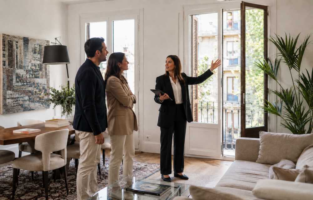 Real estate agent in a black suit explaining features to a couple in a bright living room with open balcony doors.
