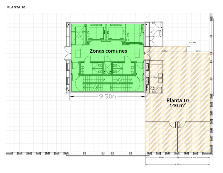 Architectural floor plan with a green-highlighted central area labeled 'Zonas comunes' and a hatched right section labeled 'Planta 10 140 m²'