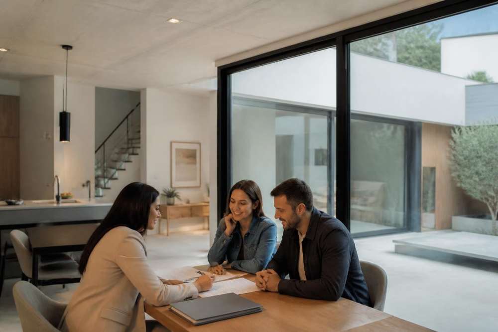 Three people sit at a wooden table in a bright, modern home office, examining documents together and smiling. - Tu inmobiliaria de confianza en Barcelona Three people sit at a wooden table in a bright, modern home office, examining documents together and smiling.
