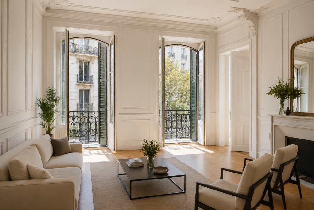 Bright living room with two open French doors to a balcony, beige sofa, two cream armchairs, and a black coffee table in a white-paneled space.