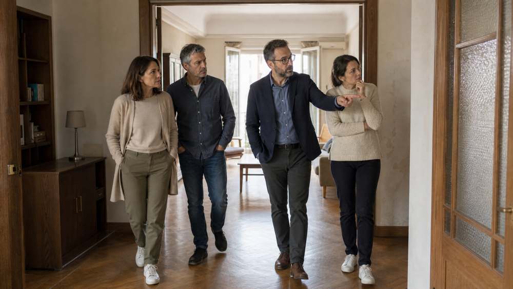 Four adults walk through a home’s hallway, with a man in a blazer pointing ahead to explain something to the group.