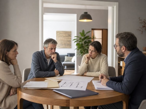 Four people around a round table examining blueprints and documents in a bright, modern home office.
