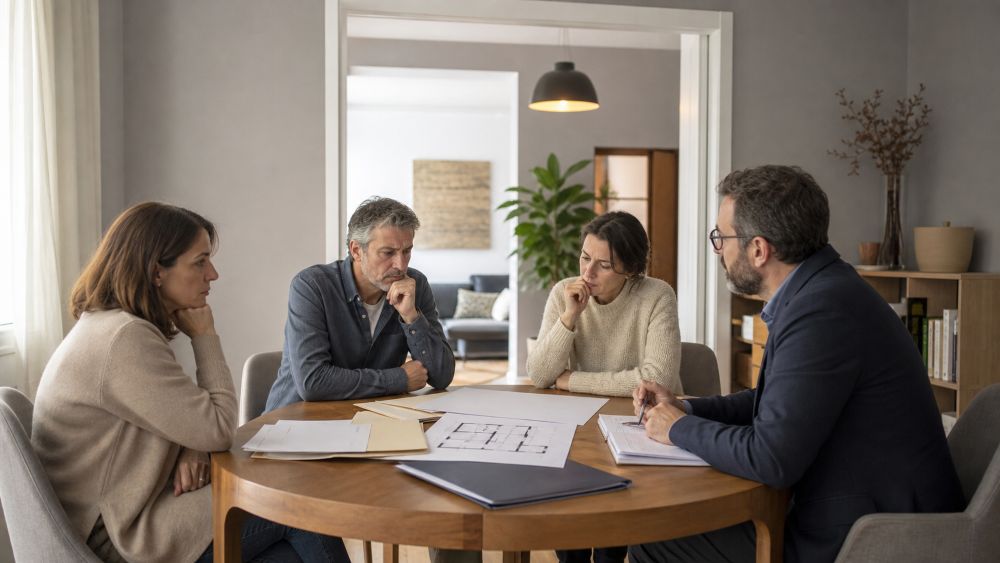 Four people around a round table examining blueprints and documents in a bright, modern home office.
