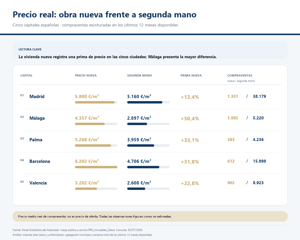 Tabla comparativa de precios reales de vivienda: nueva vs segunda mano por ciudad (Madrid, Málaga, Palma, Barcelona, Valencia) con €/m² y barras de tendencia
