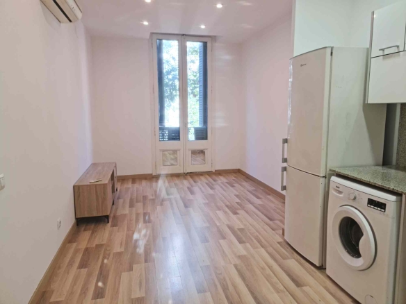 Narrow kitchen with light wood floor, white walls, and a tall white refrigerator on the right; washing machine beneath the counter and a windowed door at the far end.