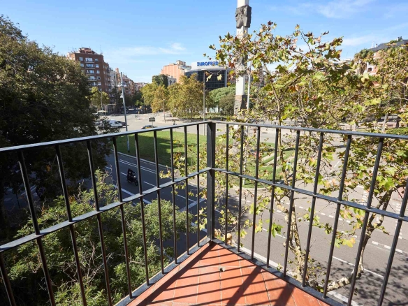 View from a balcony railing overlooking a city street with trees, buildings, and blue sky in the background.